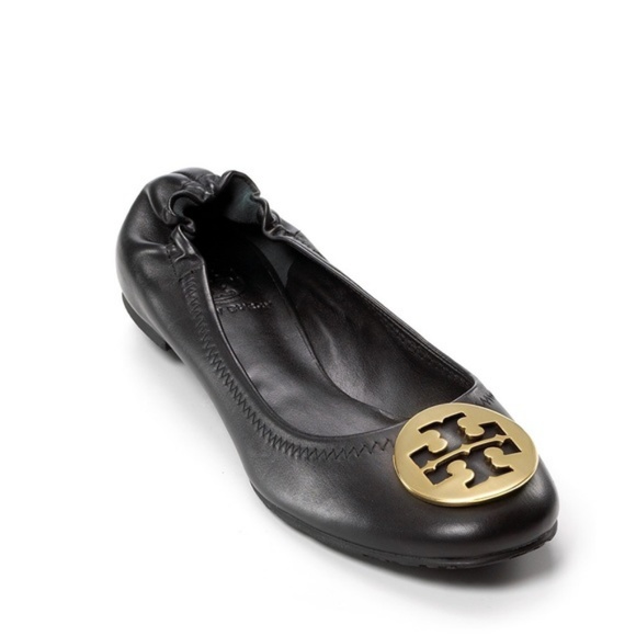 Tory Burch Shoes - Tory Burch Reva Black Leather Gold Emblem Size 6.5